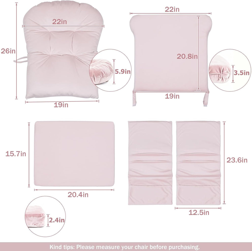 5PCS Glider Rocker Replacement Cushions Thick Soft Velvet Glider Cushions Replacement Set with Ottoman Cushion and Storage Pockets, Light Pink