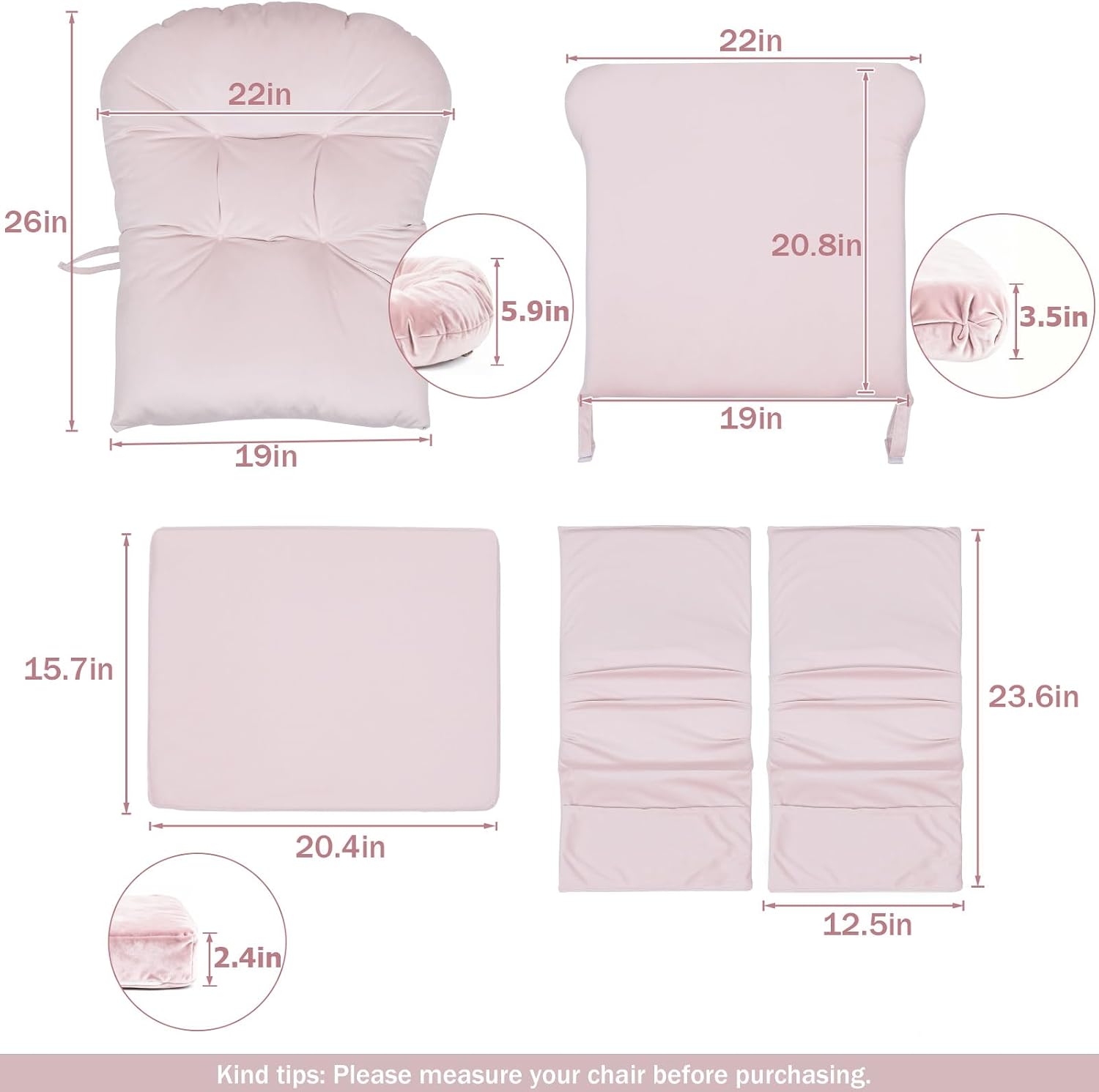 5PCS Glider Rocker Replacement Cushions Thick Soft Velvet Glider Cushions Replacement Set with Ottoman Cushion and Storage Pockets, Light Pink