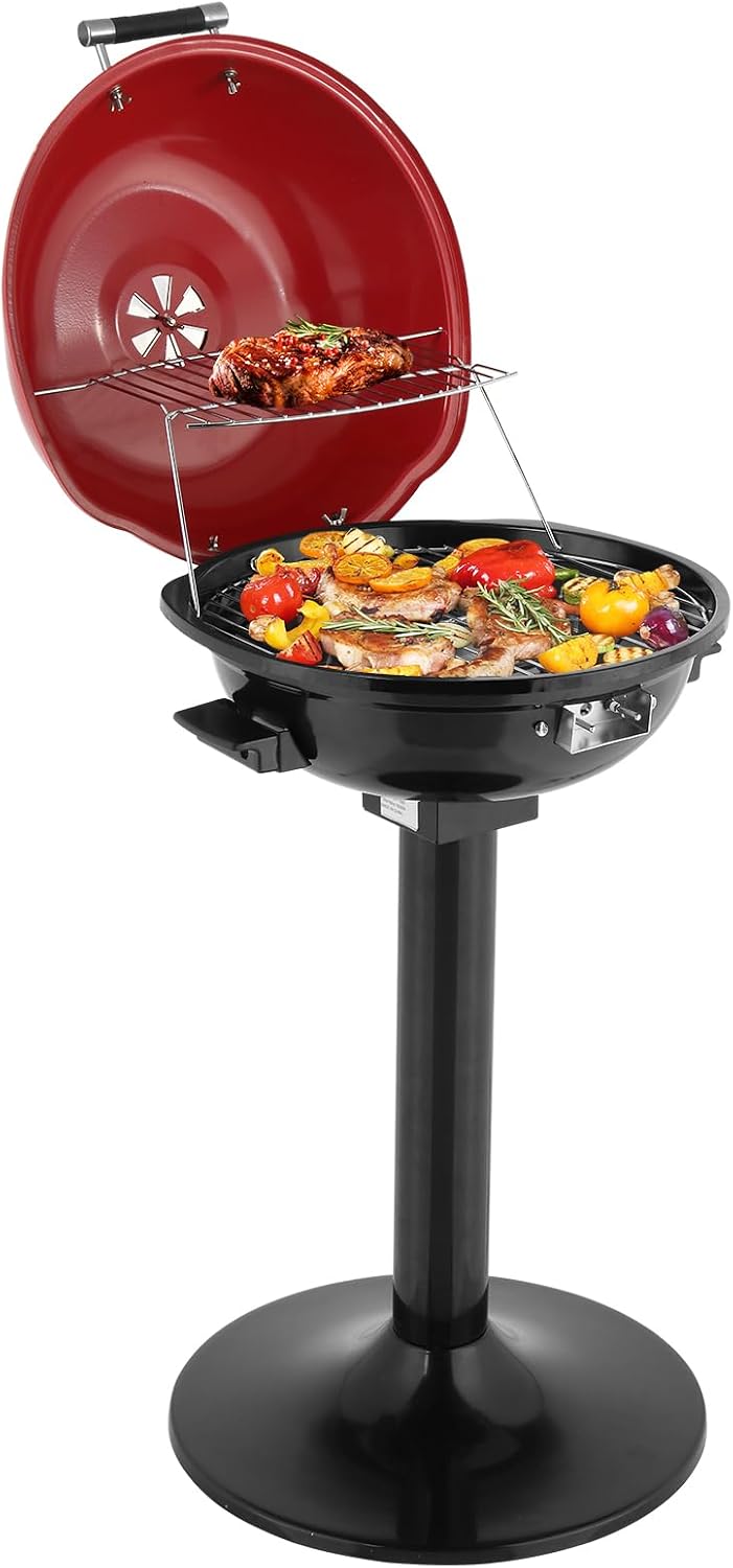 Electric Grill for Indoor Outdoor, Portable Double Layer Design Countertop BBQ Grills with Lid Stand/Tabletop Options for Barbecue Cooking (Red)
