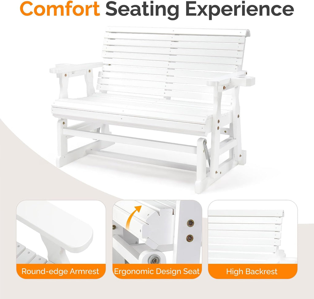VINGLI Outdoor Glider Wood Patio Chair with Cup Holders, Outdoor Bench Glider Loveseat with Smooth Rocking Mechanism, Heavy Duty 800 LBS, White
