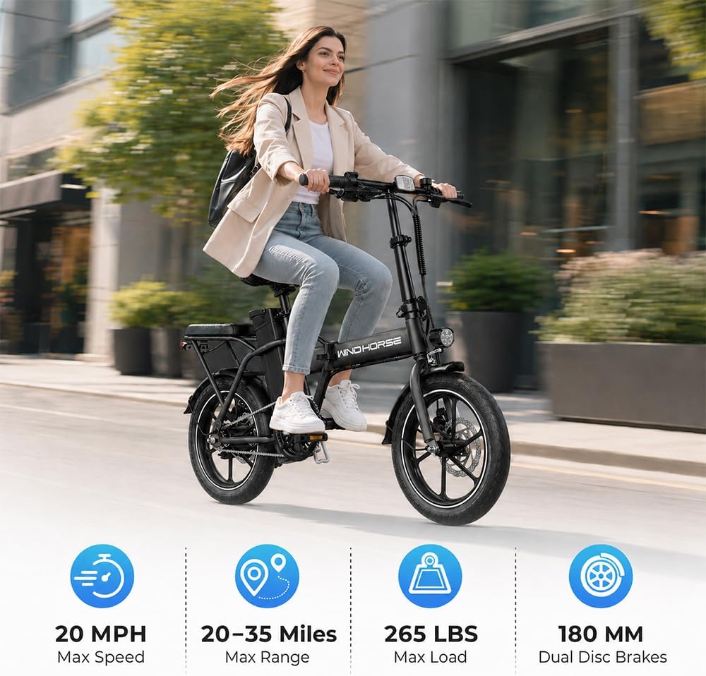 WINDHORSE 16' Folding Electric Bike for Adults, 630W Peak Electric Bicycle, 20MPH, 20-35 Miles Range, 288Wh Removable Battery, UL2849 Certified Commuter Ebike