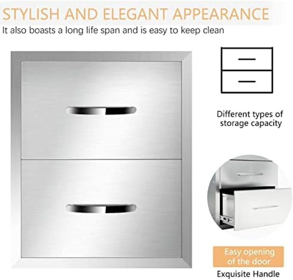Stainless Steel Double Drawers for Outdoor Kitchen Grilling Station - Horizontal, 14Wx23Dx15H