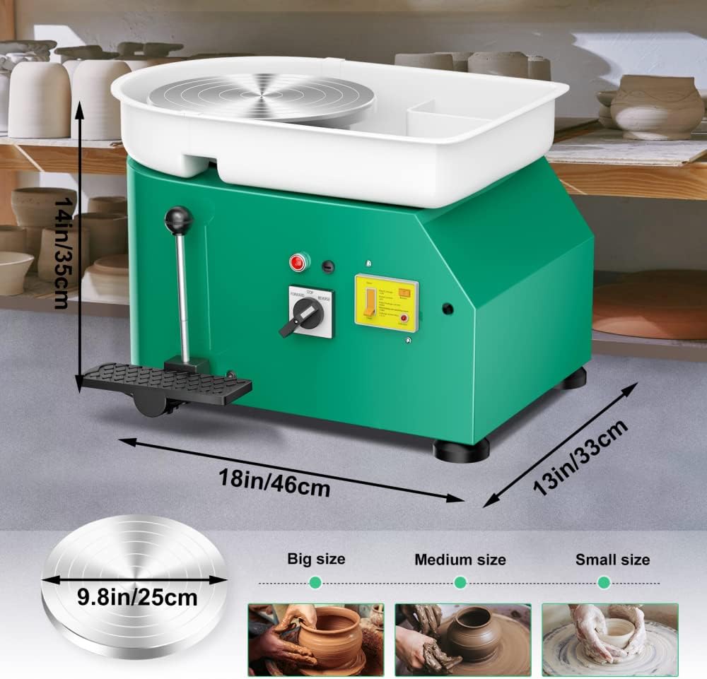 Pottery Wheel Pottery Forming Machine 25CM 350W Electric Pottery Wheel with Detachable Basin Foot Pedal DIY Clay Tool Ceramic Machine Work Clay Art Craft (Green)1