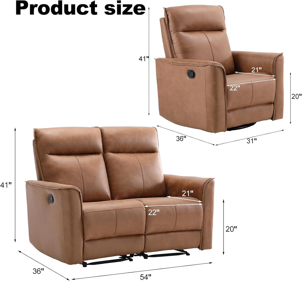 EBELLO Manual Recliner Sofa Furniture Set for Living Room, Included 1 Seat Swivel Glider Recliner Chair and a Wall-Hugger 2 Seat Loveseat Reclining Couch for Home, Office, Brown