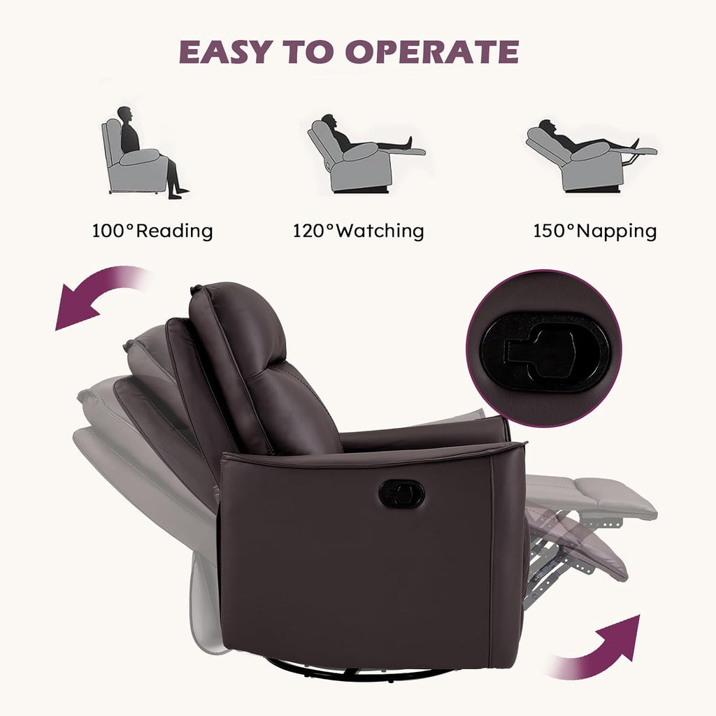 ANJ Manual Swivel Rocker Recliner, Glider Recliners with Padded Armrest and Backrest, Soft Leather Nursery Rocking Recliner Chair Reclining Sofa for Living Room