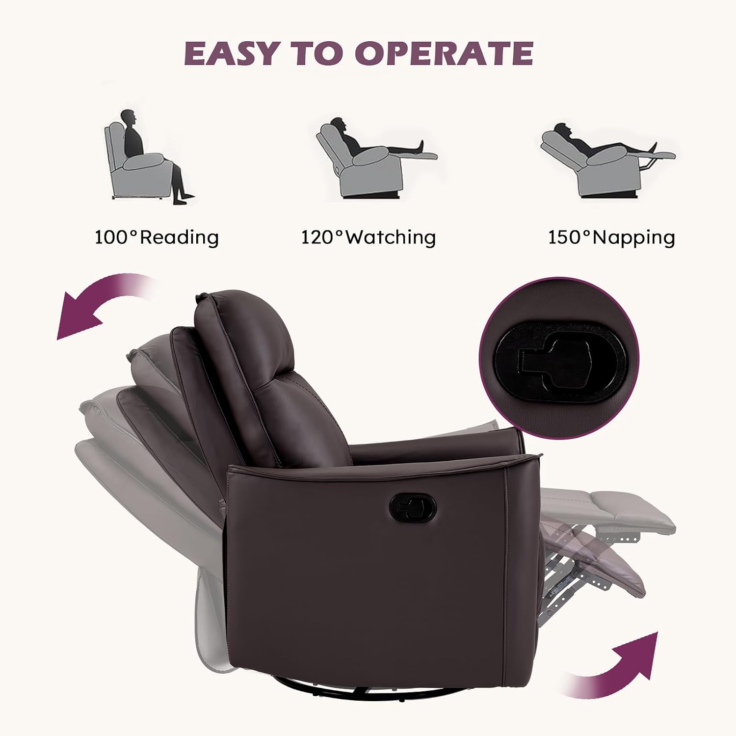 ANJ Manual Swivel Rocker Recliner, Glider Recliners with Padded Armrest and Backrest, Soft Leather Nursery Rocking Recliner Chair Reclining Sofa for Living Room