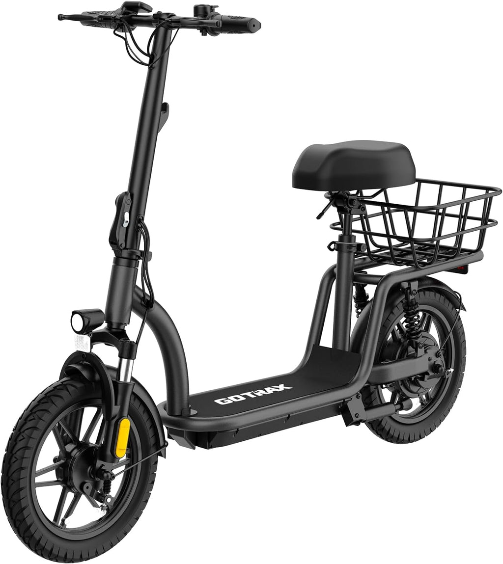Gotrax Adult Electric Scooter with Seat, Max 19-25miles Range, 15.5-20mph Power by 350W-500W Motor, All-Terrain Tire & Wider Deck & Soft Cushioning Seat with Carry Basket
