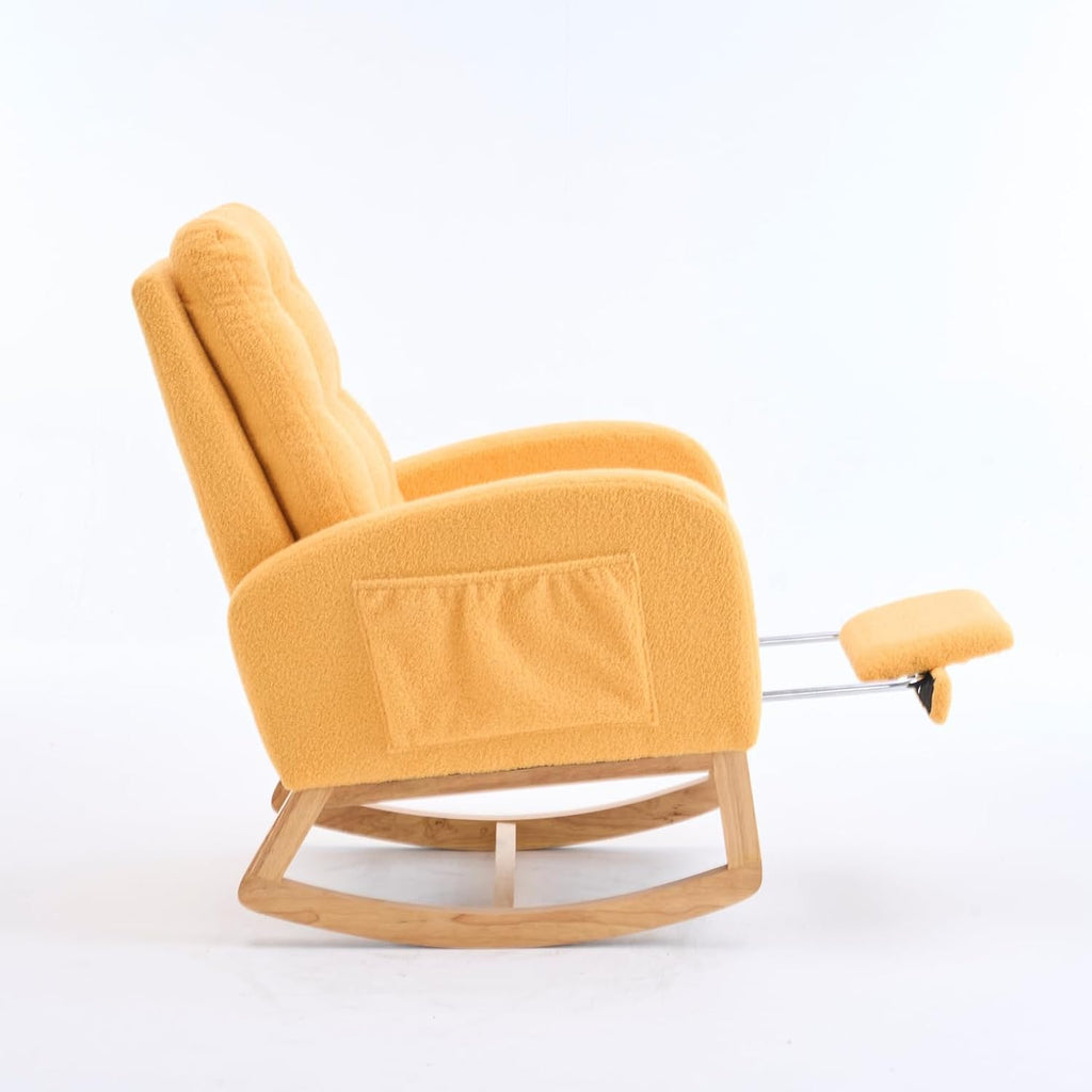 Nursery Rocking Chair Upholstered Accent Rocker Chair with Adjustable Footrest, Comfy Soft Rocker Glider Solid Rubber Wood Leg for Bedroom Living Room Nursing Room, Side Pocket, Yellow Classic