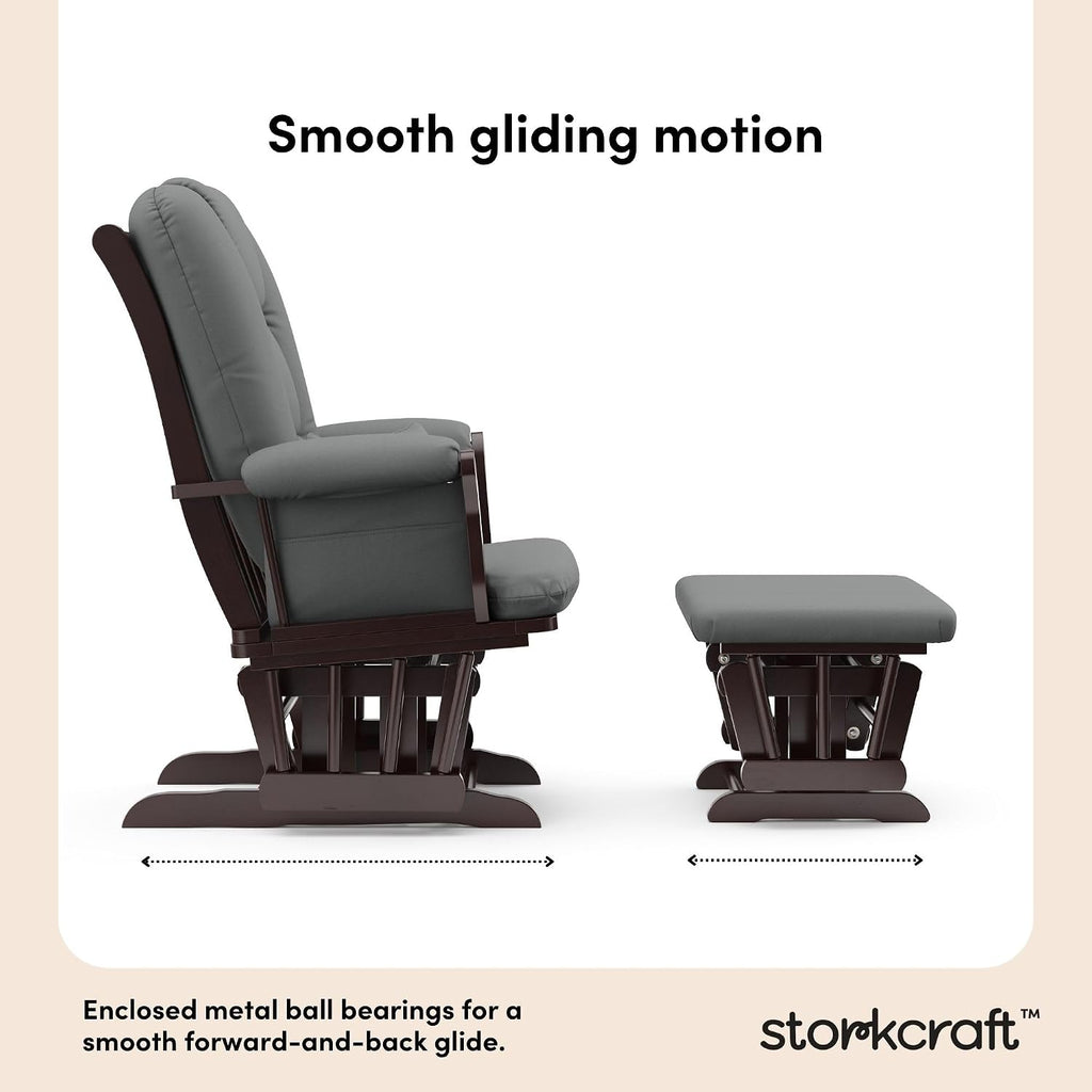 Storkcraft Tuscany Custom Glider and Ottoman with Free Lumbar Pillow (Espresso/Grey) - Cleanable Upholstered Comfort Rocking Nursery Chair with Ottoman