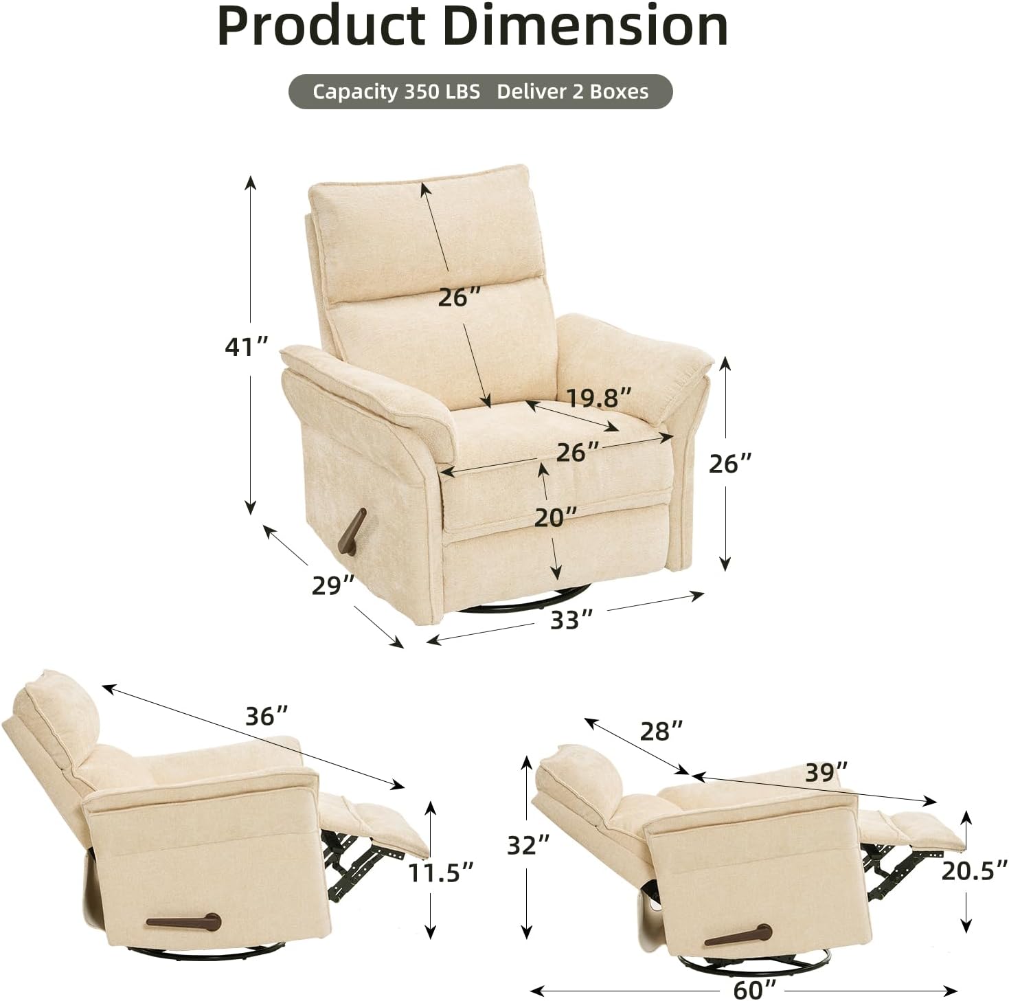 Oversized Recliner Chair, 26' Extra Wide 360° Swivel Rocker Recliner with Adjustable Headrest, Chenille Glider Rocking Nursery Chair with Overstuffed Armrest, Lumbar Support, Beige