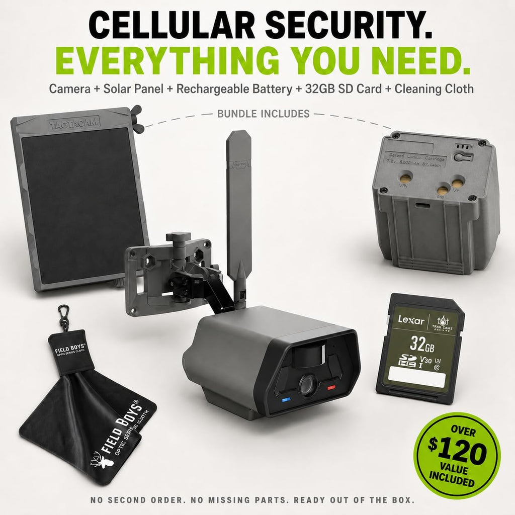 TACTACAM Defend Cellular Security Camera Bundle – Solar Panel + Rechargeable Battery + 32GB SD Card – 4G LTE No WiFi Needed – Wireless Outdoor Camera for Remote Property, Cabin, Ranch, Job Site