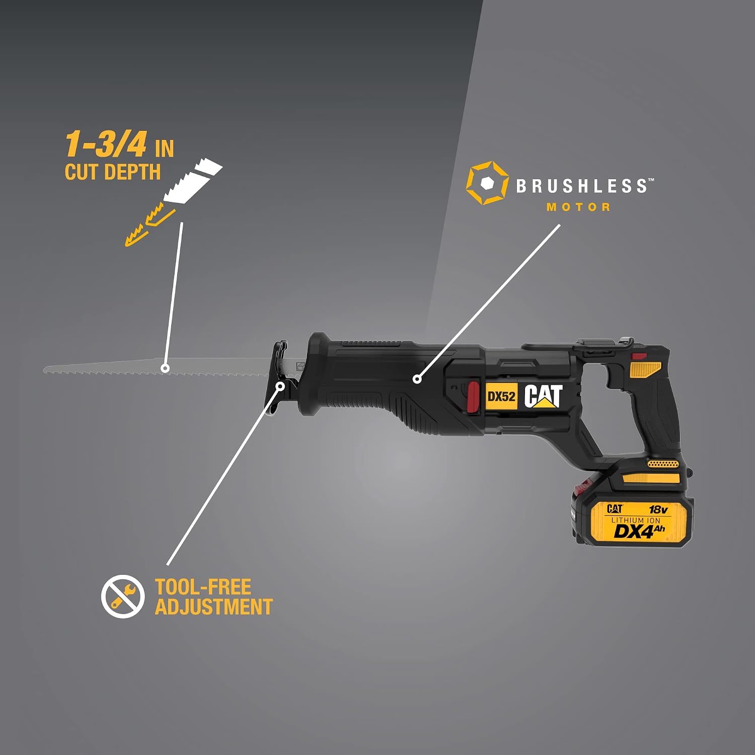 Cat DX52 18V Cordless Reciprocating Saw with 3000 SPM Variable Speed, Lightweight Brushless Saw, Cordless with Tool-Free Blade Change Battery & Charger Included