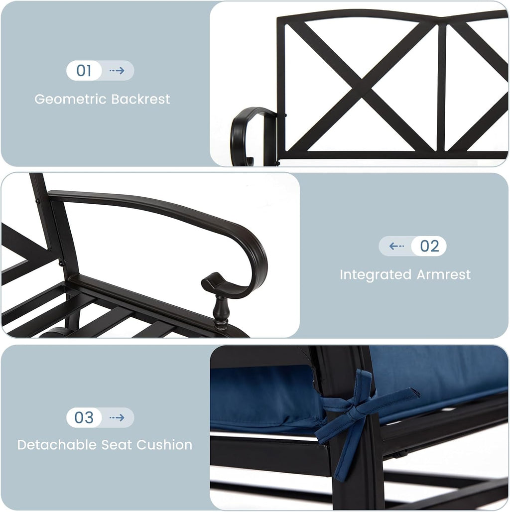 Tangkula Outdoor Swing Glider Chair, Patio Glider Bench for 2 Persons, Outdoor Rocking Loveseat with Steel Frame & Comfortable Cushions for Garden, Porch, Balcony, Poolside (Navy Blue)