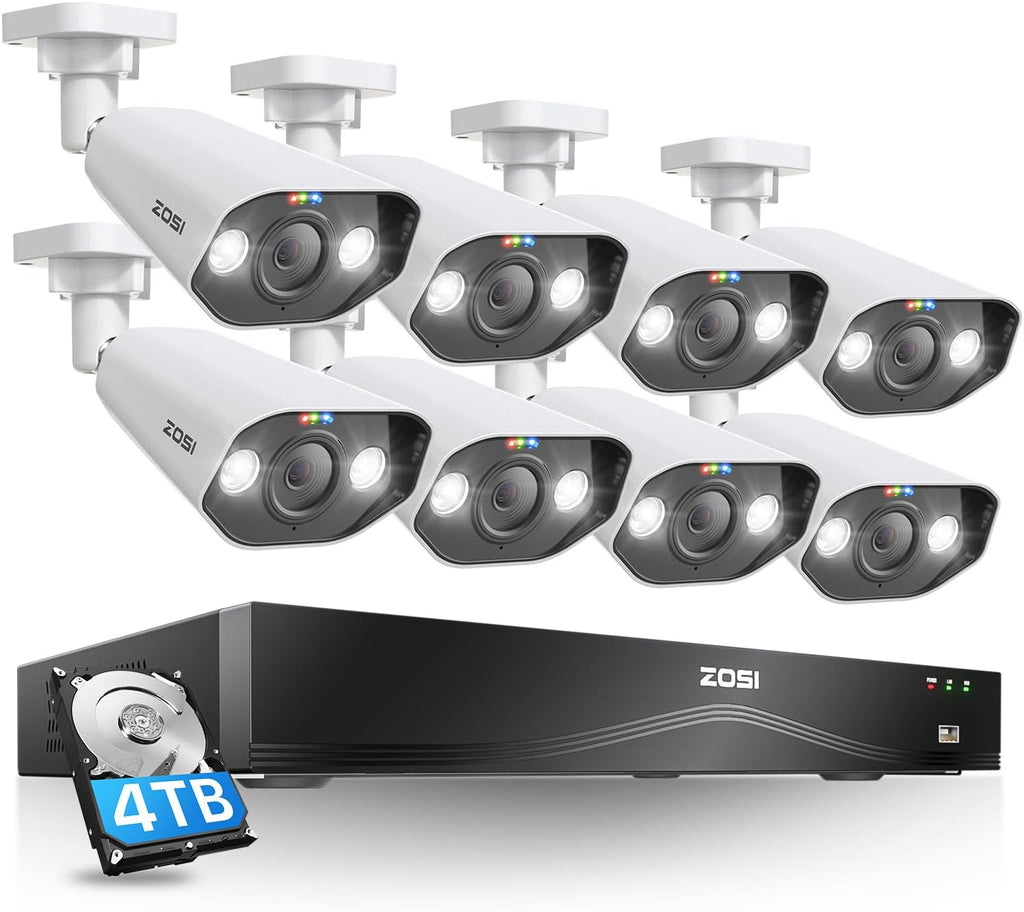 ZOSI 24CH 4K Spotlight PoE Security Camera System with Person Vehicle Detection,8pcs 4K Outdoor PoE Cameras,2 Way Talk,H.265+ 16CH 8MP NVR with 4TB HDD for 24/7 Recording