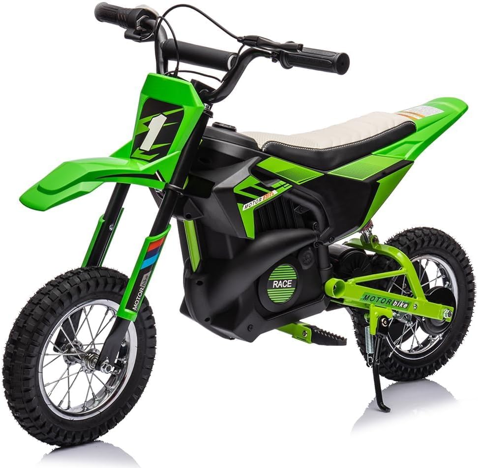 24V Electric Off-Road Motorcycle,250W Motor 13.6MPH Fast Speed Motocross,Leather Seat Dirt Bike,Twist Grip Throttle,Metal Suspension,Air-Filled Tires,for Kids Teens 8+ (Green)