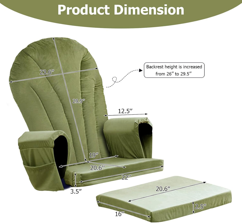 ANMINY 5pcs Glider Rocker Replacement Cushions Set Pack of 2 - Thickened Velvet Glider Rocking Chair Cushions with 29 inch High Backrest & Side Pockets for Indoor Nursery, Washable & Non Slip, Green