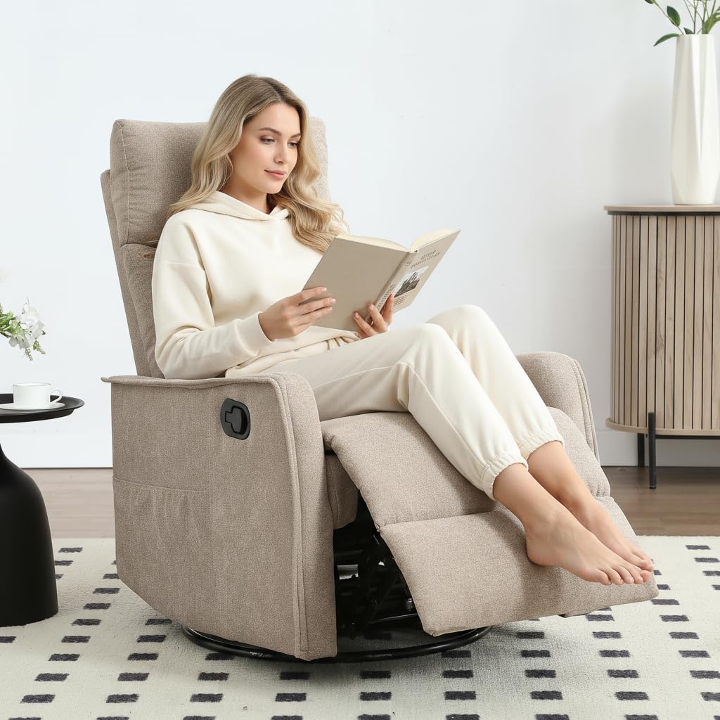 PELUMY 360 Swivel Rocking Recliner Chair for Adults, Nursery Rocking Chair with Heat and Massage, Glider Reclining Chair for Small Space, Living Room, Bedroom (Khaki)