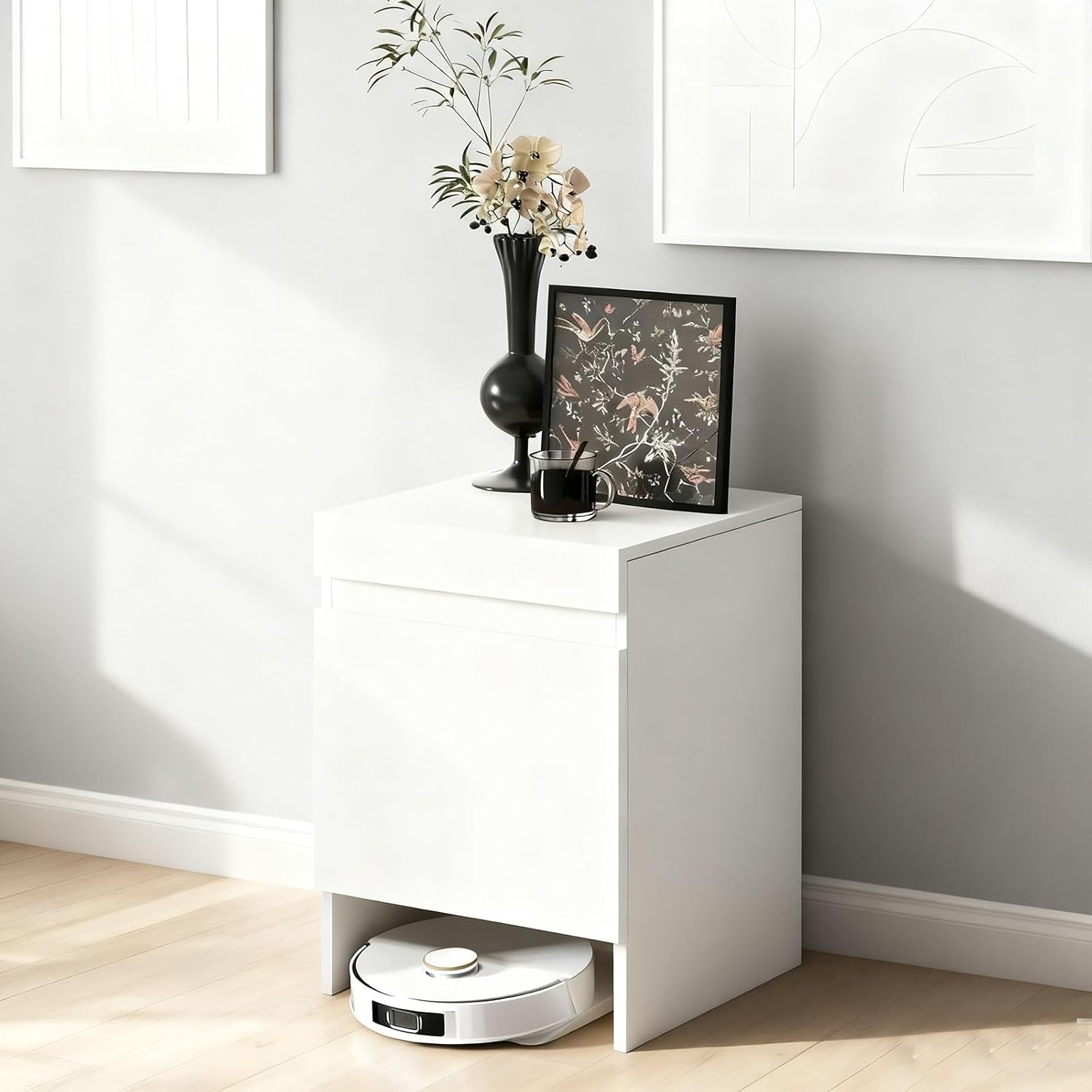 Robot Vacuum Stand Cabinet,Storage Cabinet with Doors for Robot Vacuum Cleaner,Robot Vacuum and Mop Self Emptying Small Storage Cabinet,Side Table for Living Room, Home Office(White)