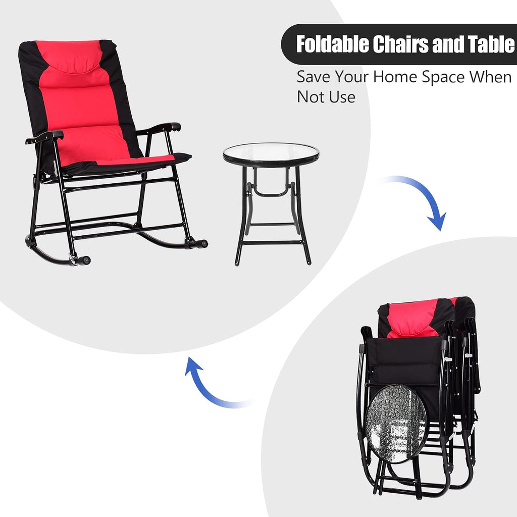 Tangkula 3-Piece Folding Bistro Set, Outdoor Rocking Chairs & Round Table, Patio Folding Furniture Set for Backyard, Garden, Poolside, Porch (Red)