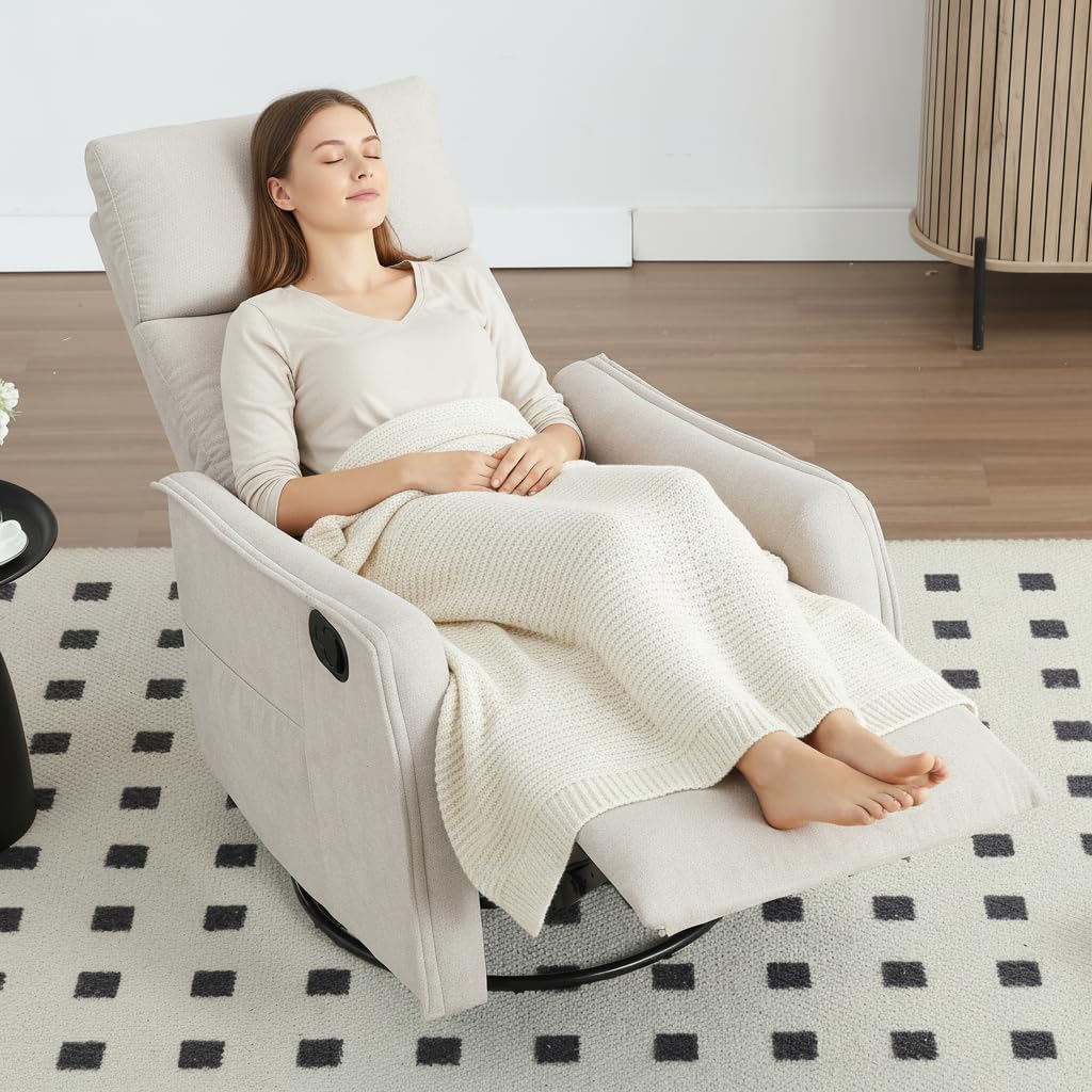 PELUMY 360 Swivel Rocking Recliner Chair for Adults, Nursery Rocking Chair with Heat and Massage, Glider Reclining Chair for Small Space, Living Room, Bedroom (Beige)