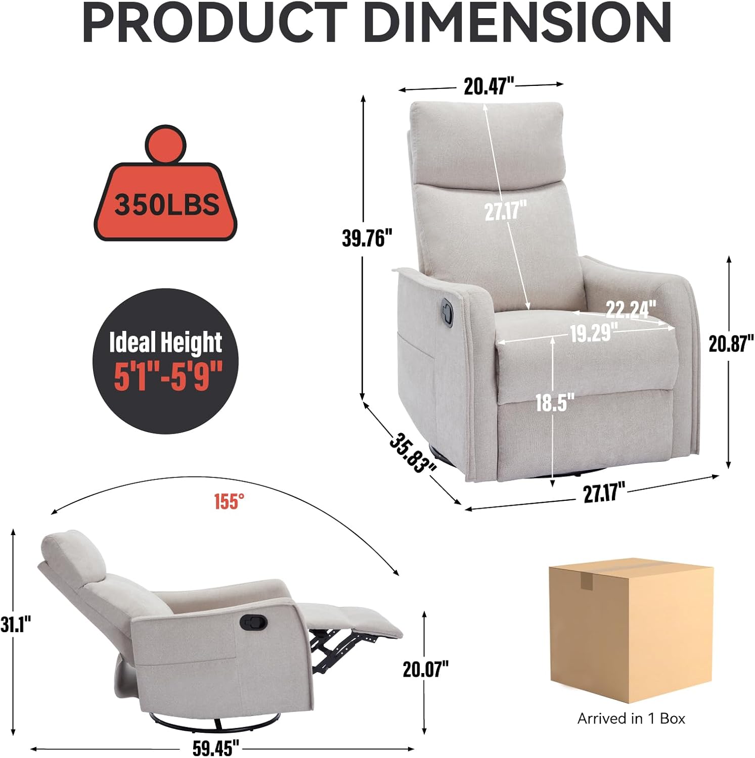 Massage Rocker Swivel Recliner Chair for Adults, Manual Recliner Glider with Lumbar Heating, Technical Flannel Fabric Nursery Glider Rocking Chair with Vibration Massage for Living Room - Beige