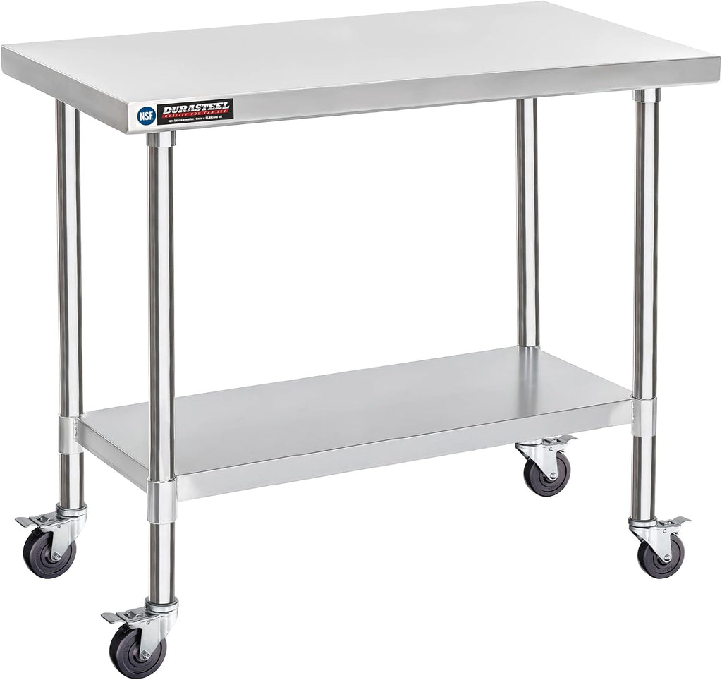 DuraSteel 30x48 NSF Stainless Steel Cart - Heavy Duty Food Prep Table with Undershelf - Rolling Kitchen Island on Wheels for Commercial Restaurant Kitchen, Garage, Outdoor Cooking, BBQ Grill, Counter