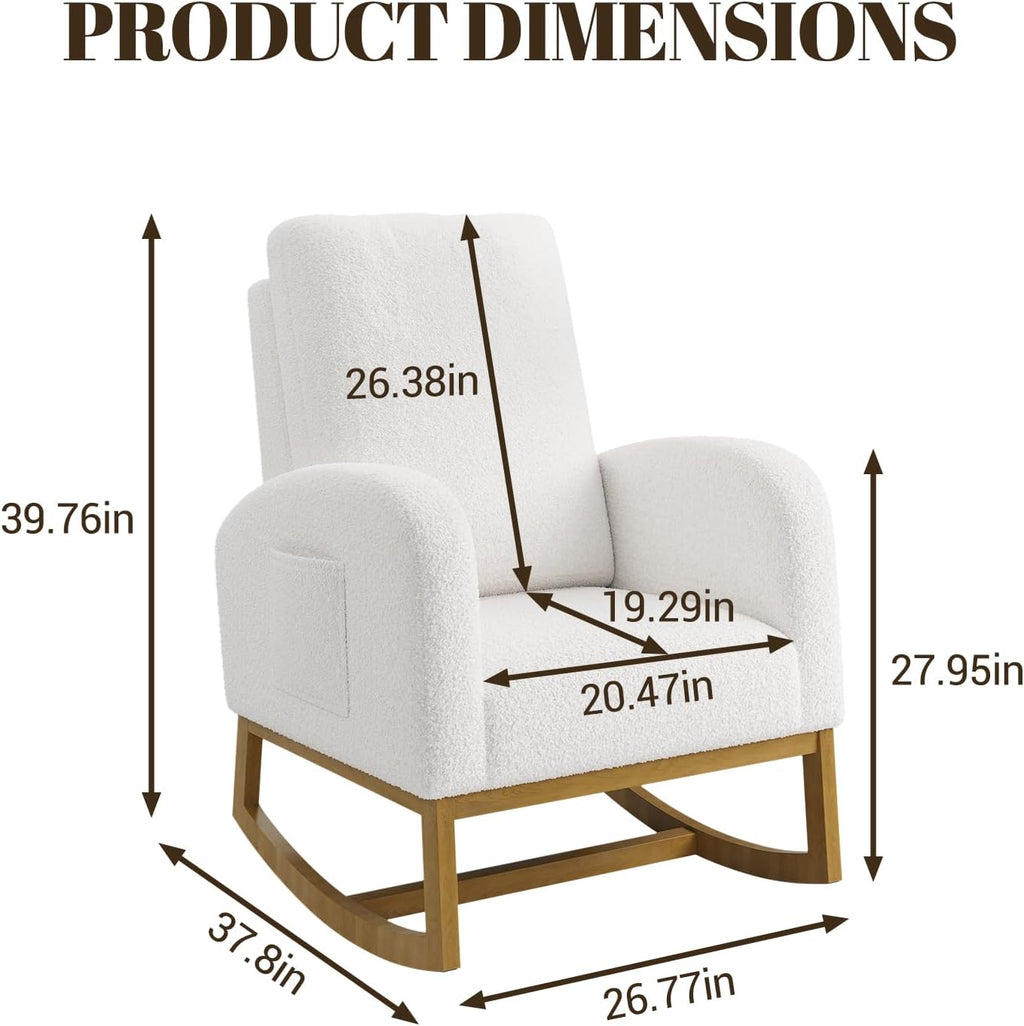 Teddy Upholstered Rocking Chair Nursery, Glider Rocker Chair with High Backrest and Side Pocket, High Back Accent Chair with Wood Legs, Comfy Side Chair for Nursery- White