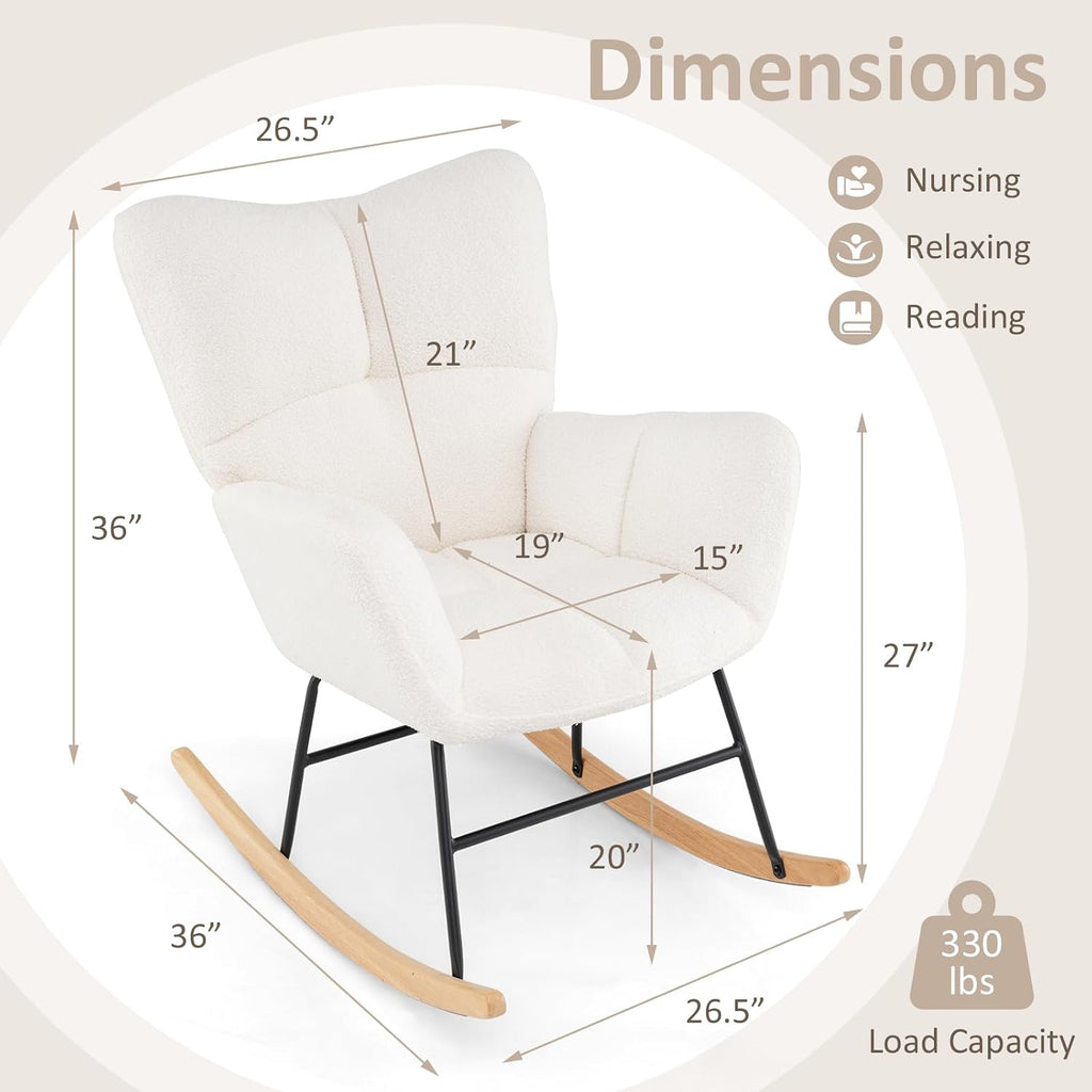 Giantex Rocking Chair Nursery, Teddy Upholstered Glider Rocker Chair w/High Backrest, Armrests & Rubber Wood Feet, Modern Sherpa Rocking Accent Chair for Living Room, Bedroom & Office, Beige