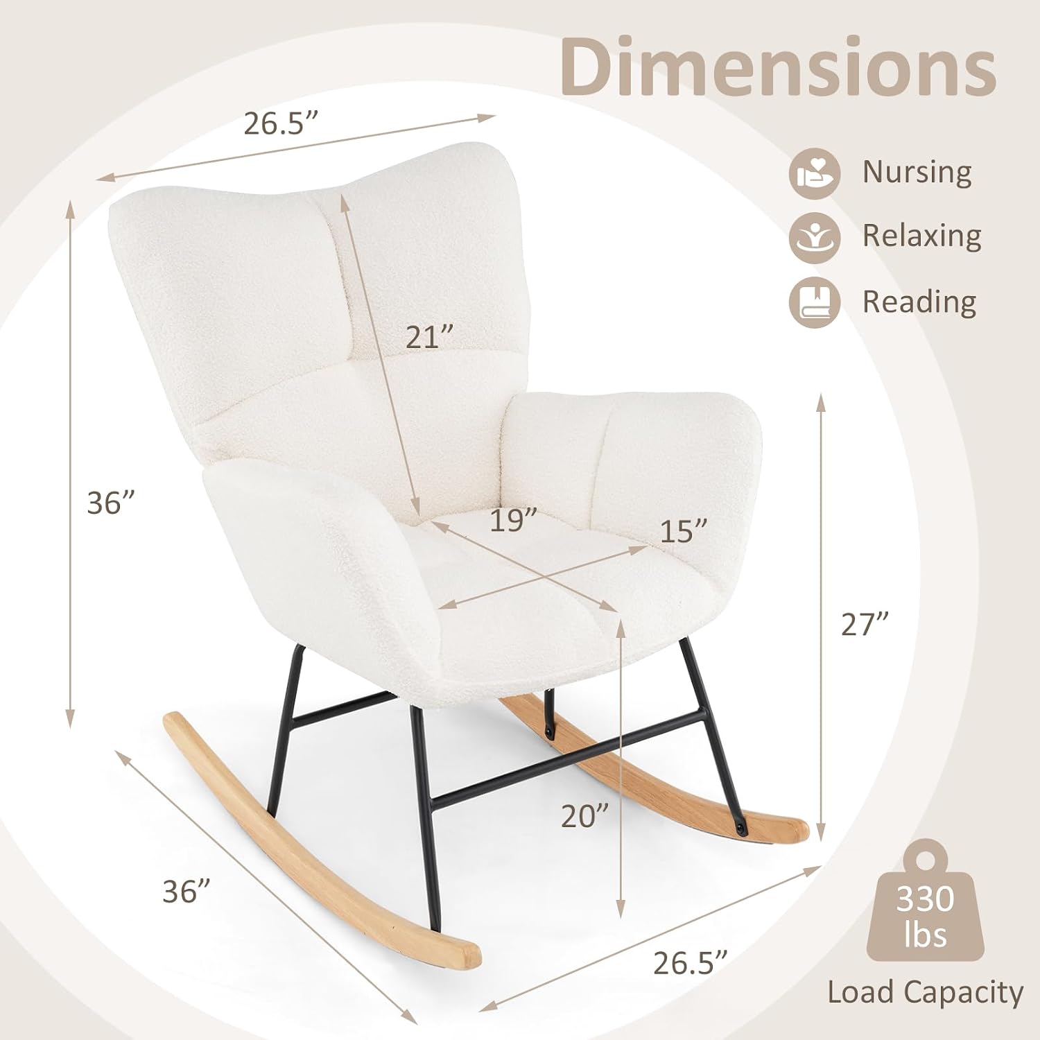 Giantex Rocking Chair Nursery, Teddy Upholstered Glider Rocker Chair w/High Backrest, Armrests & Rubber Wood Feet, Modern Sherpa Rocking Accent Chair for Living Room, Bedroom & Office, Beige