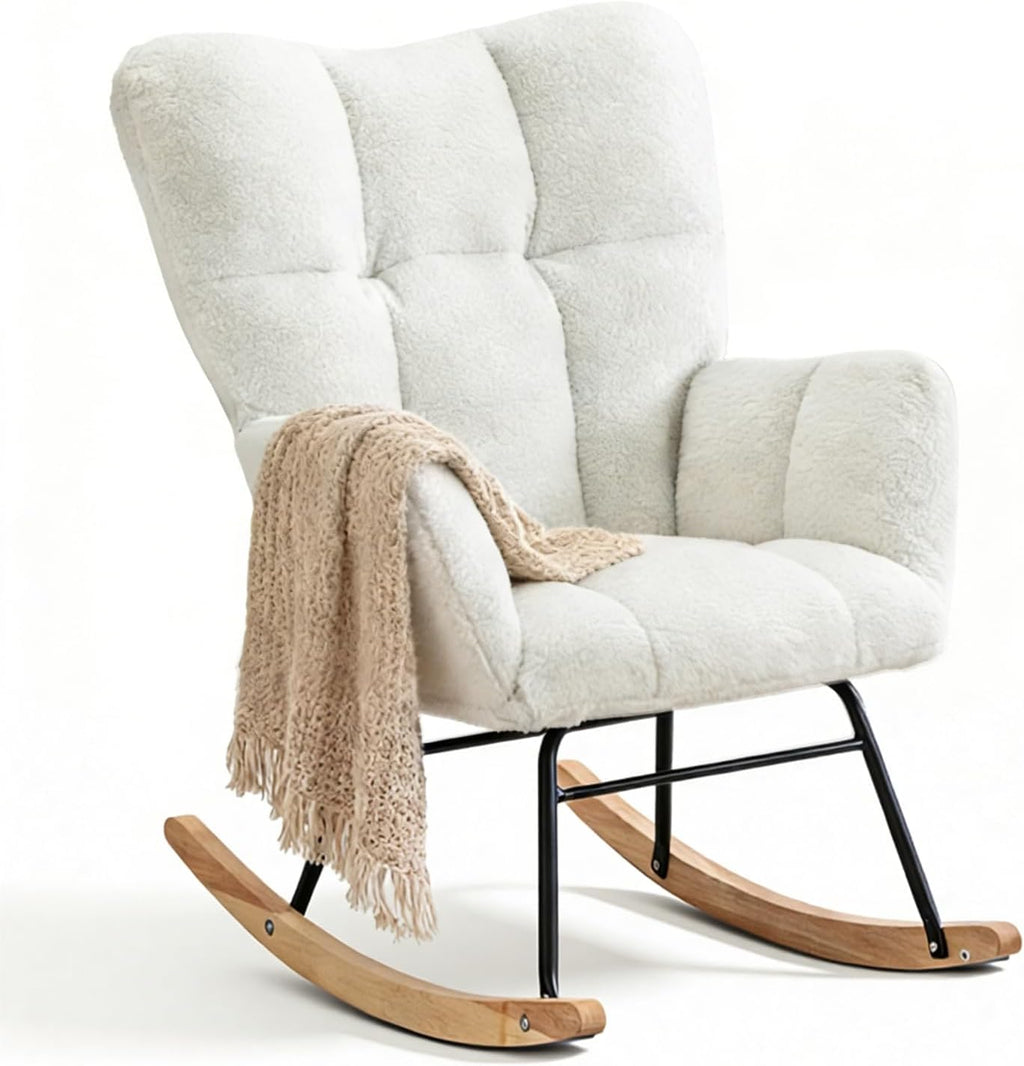 Teddy Glider Rocker Chair, Upholstered Rocking Chair for Nursery, Accent Chair with Headrest/Side Pocket, Comfy Baby Rocker Armchair & Adult Rocking Chair (Teddy, White Without Headrest, Single)