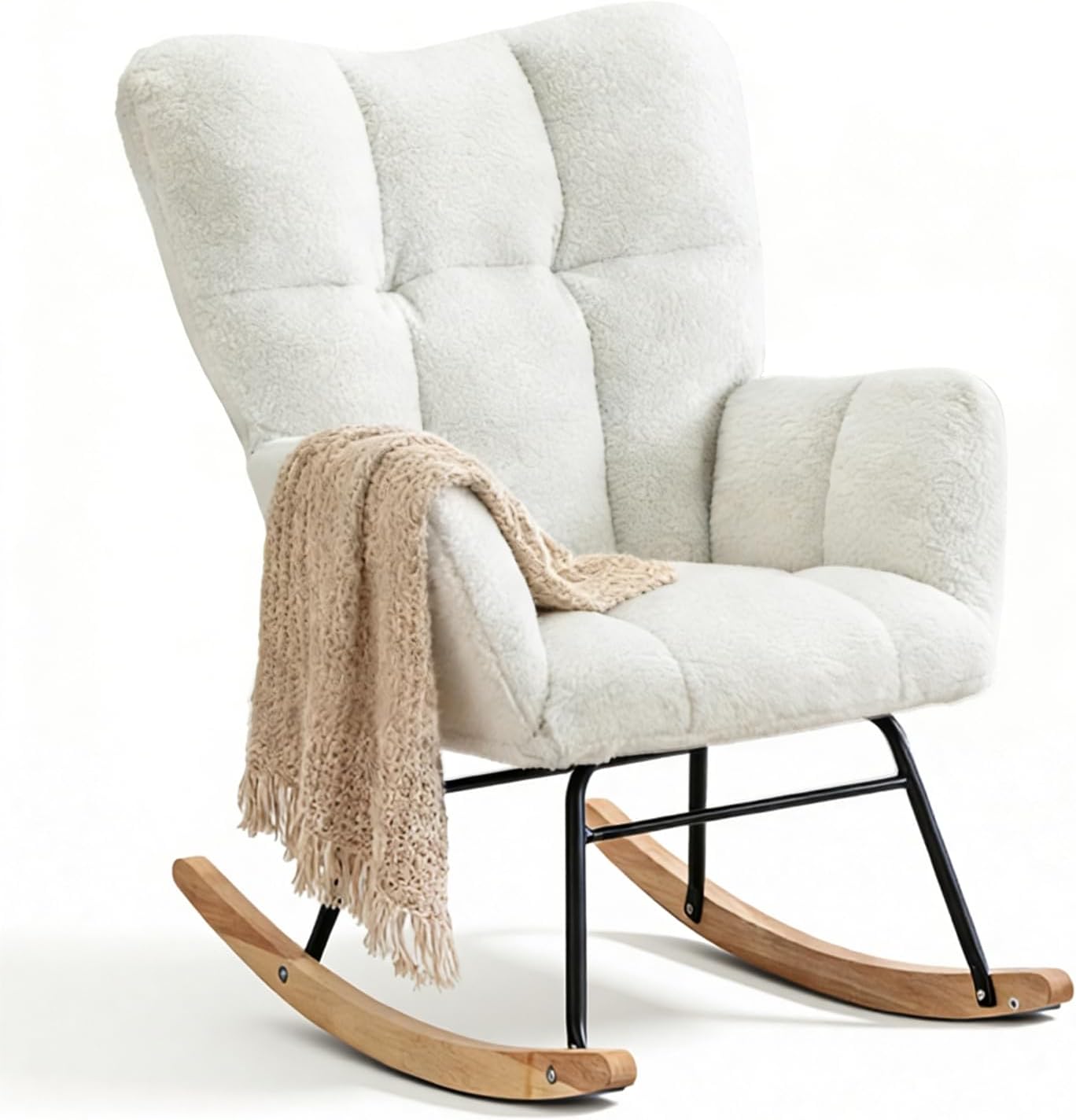 Teddy Glider Rocker Chair, Upholstered Rocking Chair for Nursery, Accent Chair with Headrest/Side Pocket, Comfy Baby Rocker Armchair & Adult Rocking Chair (Teddy, White Without Headrest, Single)