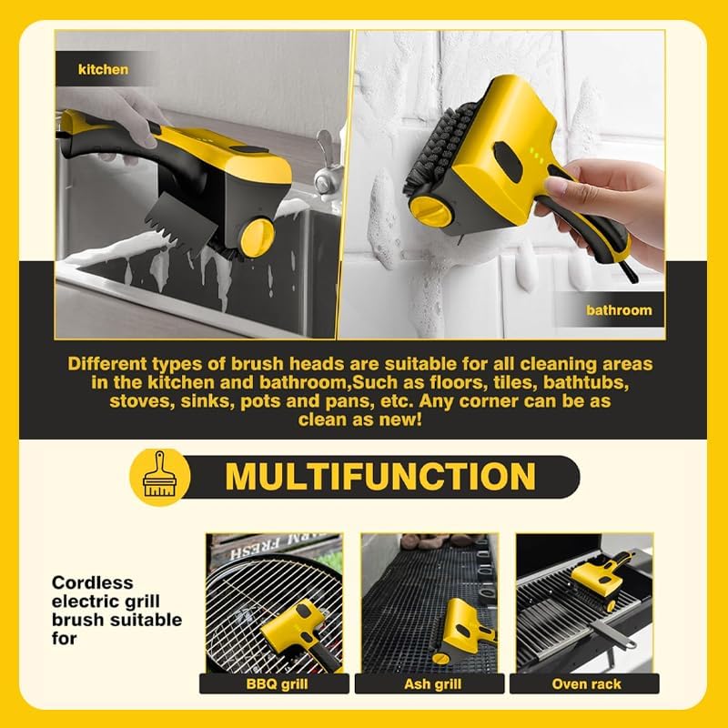 Cordless Electric Grill Cleaner - 360° Rotating BBQ Brush with Replacement Bristles, Safe for Charcoal & Gas Grates, Effortless Cleaning for Perfect Grilling