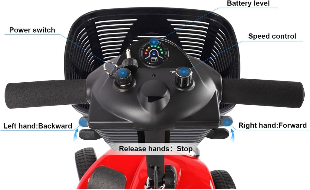 4 Wheel Mobility Scooters for Adults，Collapsible Compact Electric Scooter，Heavy Duty Powered Mobile Wheelchair Device with Lights，Basket and Long-Lasting Battery（Red）