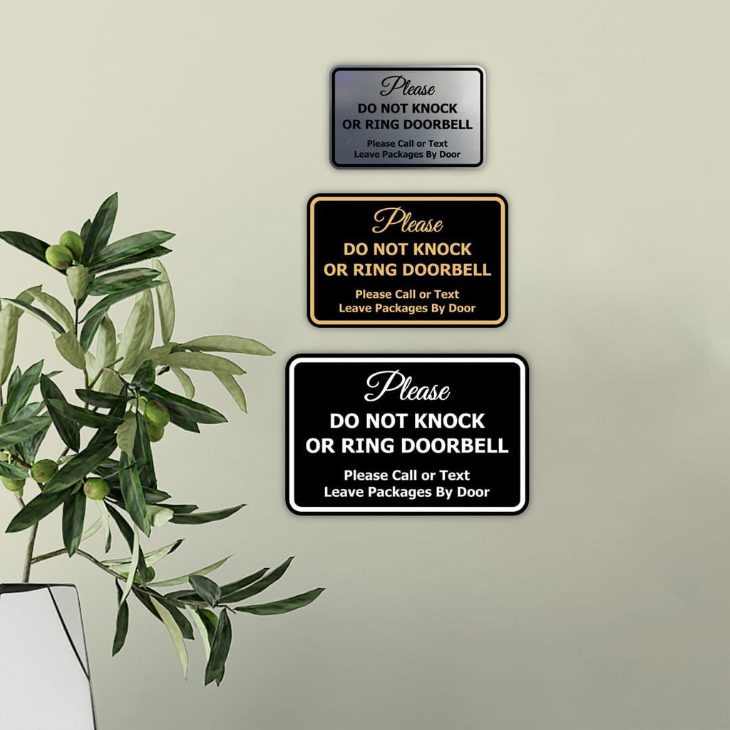Signs ByLITA Classic Framed Please Do Not Knock Or Ring Doorbell Wall or Door Sign - Easy Installation | Mail Delivery Instruction | Do Not Disturb (Black/Silver) - Large 10 Pack