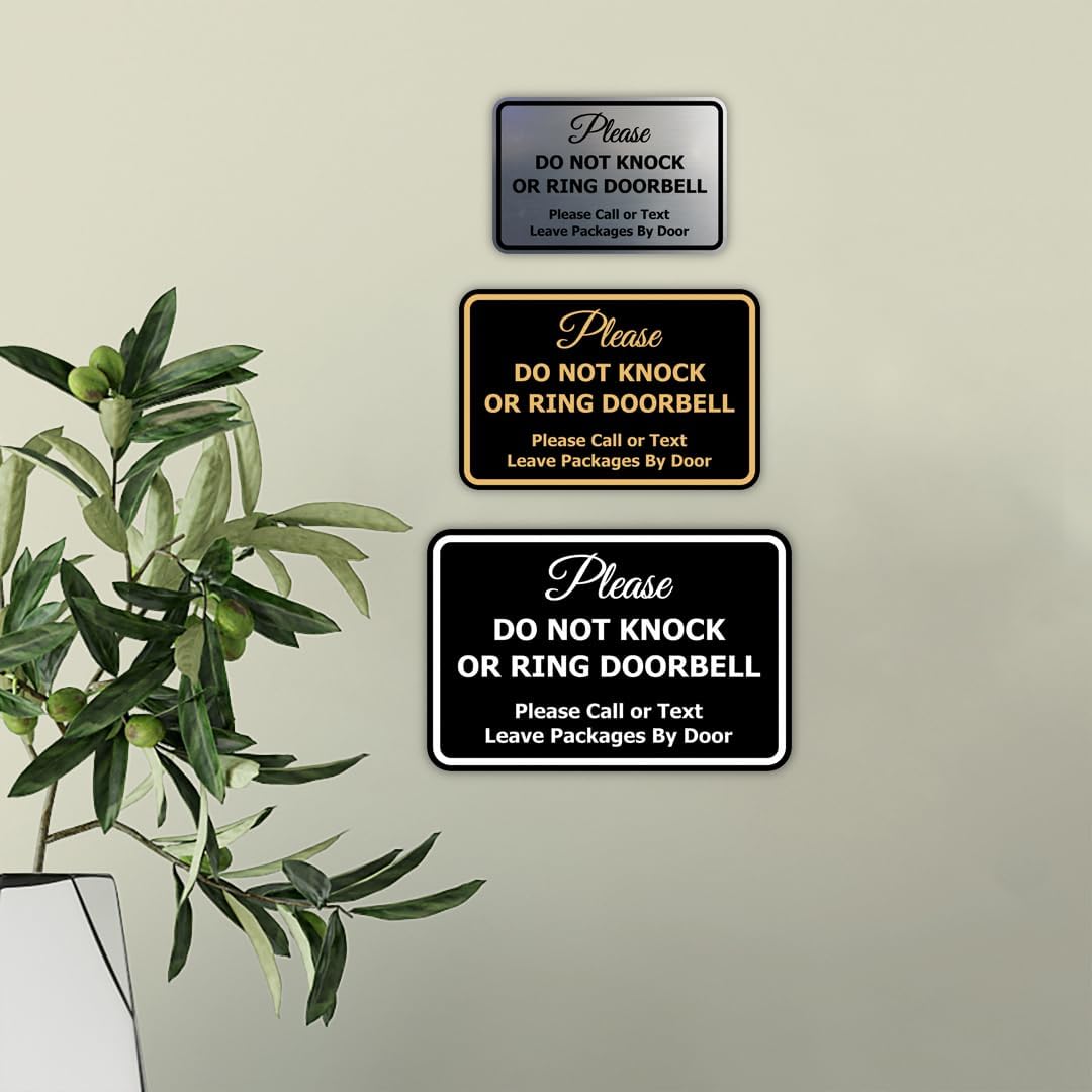 Signs ByLITA Classic Framed Please Do Not Knock Or Ring Doorbell Wall or Door Sign - Easy Installation | Mail Delivery Instruction | Do Not Disturb (Black/Silver) - Large 10 Pack