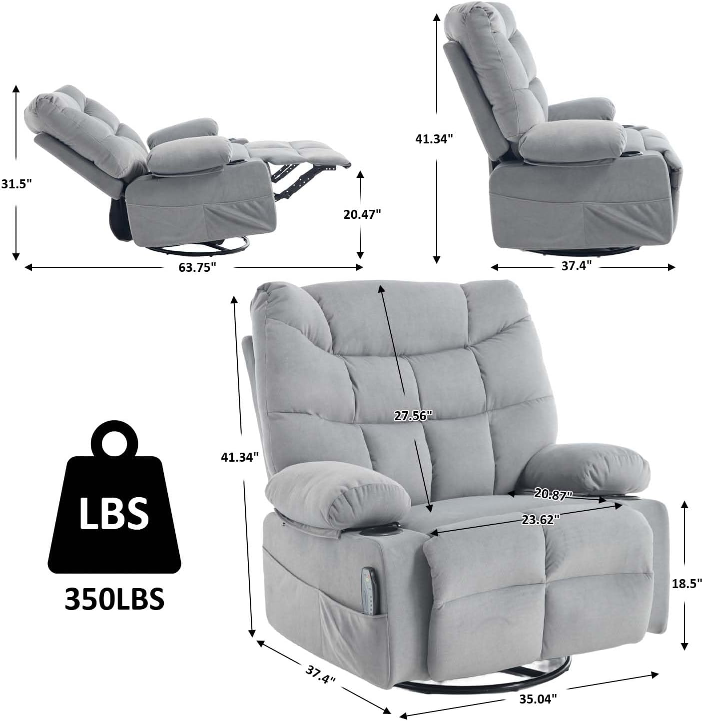KCQ Swivel Rocker Recliner Chair with Massage and Heat, Fabric Heated Reclining Chairs Manual Recliner with Cup Holder for Adults, Nursery Rocking Glider Chair, Grey