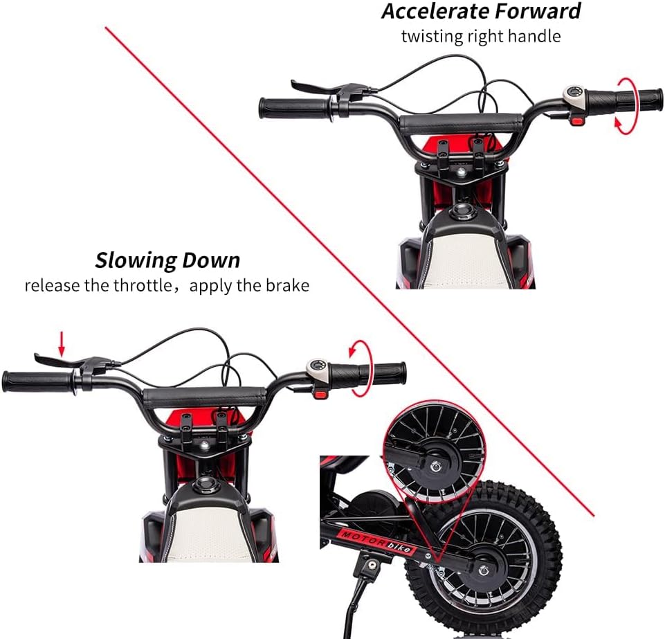 24V Electric Off-Road Motorcycle,250W Motor 13.6MPH Fast Speed Motocross,Leather Seat Dirt Bike,Twist Grip Throttle,Metal Suspension,Air-Filled Tires,for Kids Teens 8+ (Red)