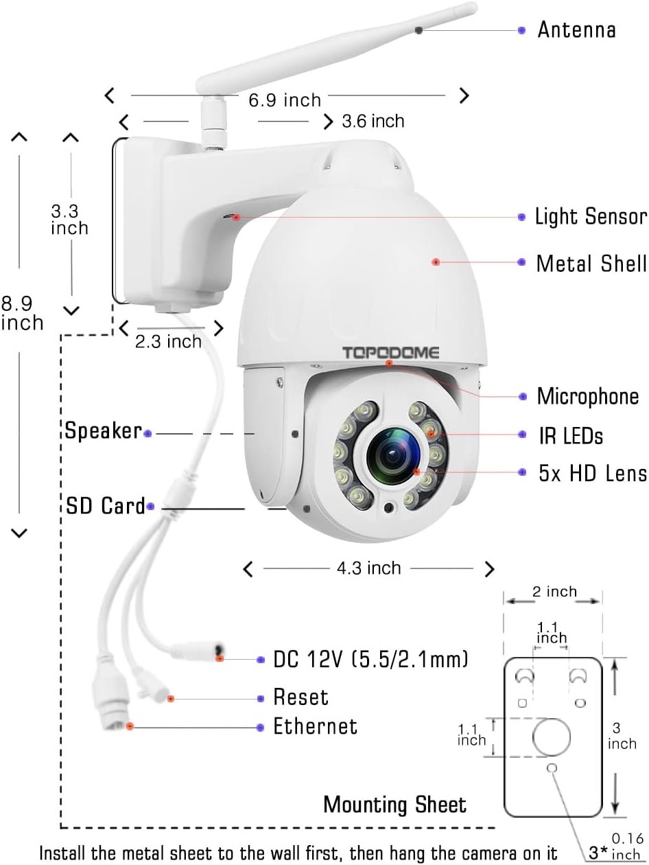 5MP PTZ Security Camera Outdoor Motion Tracking, Floodlight Surveillance IP Dome RTSP Camera Wireless WiFi, 5X Optical Zoom, Color Night Vision, 2-Way Audio, Support SD Card IP66 White