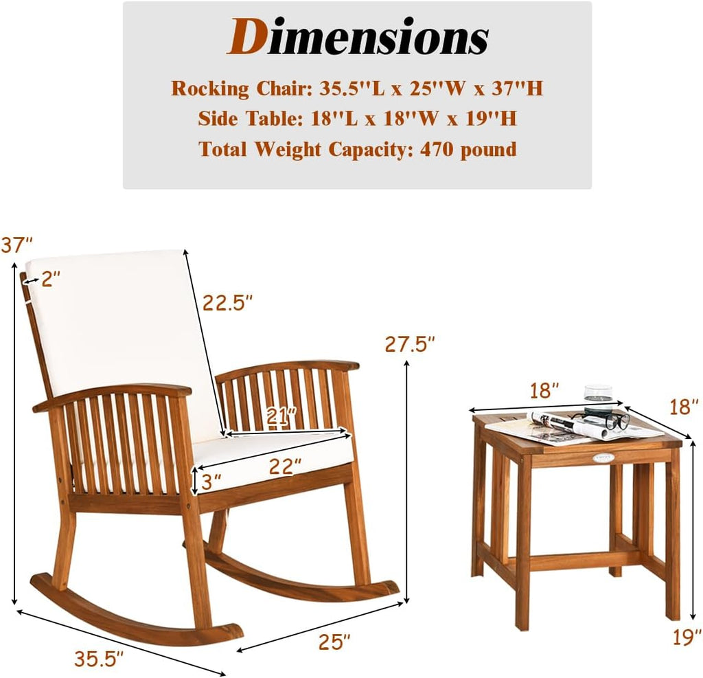 Tangkula 3 Pieces Acacia Wood Rocking Bistro Set, Outdoor Furniture Front Porch Rocker Chairs Conversation Set with Coffee Table and Cushions for Lawn, Balcony, Backyard