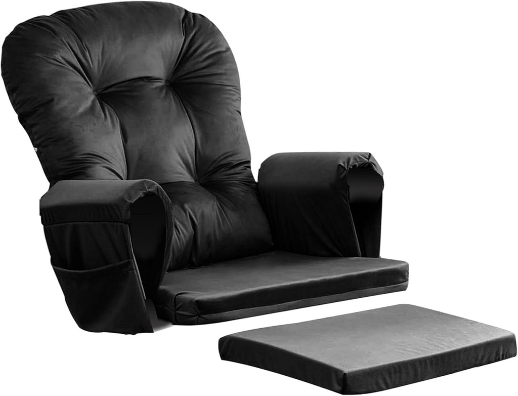 5PCS Glider Rocker Replacement Cushions Thick Soft Velvet Glider Cushions Replacement Set with Ottoman Cushion and Storage Pockets, Black