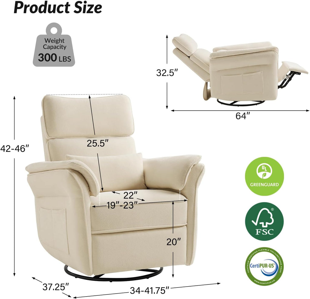 HULALA HOME Nursery Glider Recliner with Adjustable Headrest and Armrests, Power Swivel Rocker Recliner Chair with USB Port and Storage Bags, GREENGARD, FSC, CertiPUR-US® Certified, Beige