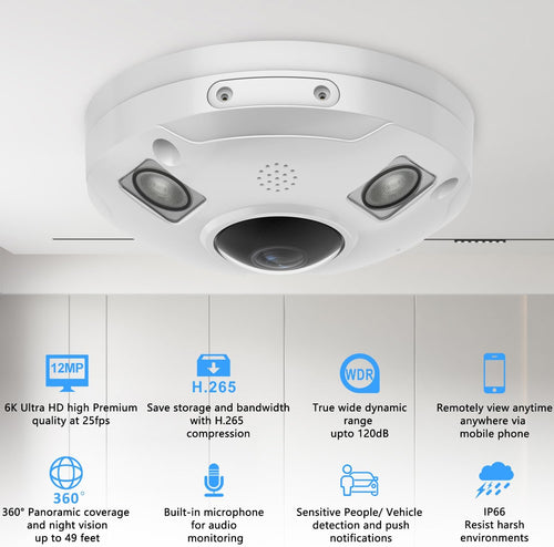 12MP POE IP Fisheye Camera, 6K Panoramic Security Camera, 1.5mm Lens, 49ft Infrared, WDR, Metal housing, IP66 Waterproof, Indoor Outdoor, Compatible with Third Party NVRs
