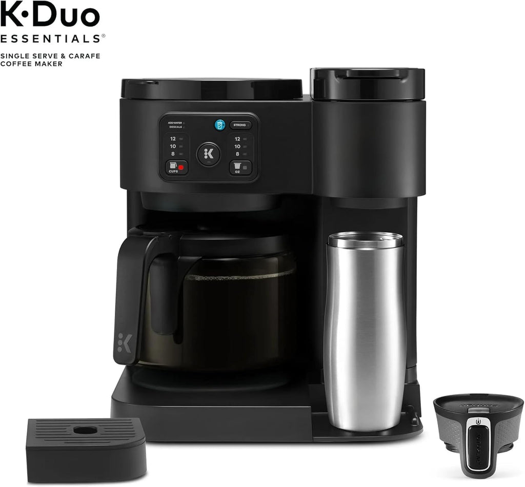 K-Duo Essentials Hot & Iced Single-Serve Coffee Maker with 12-Cup Glass Carafe, Brews KCup Pods & Coffee Grounds, Multiple Brew Sizes, 72 oz Reservoir, Pause & Pour Feature (Blacks)