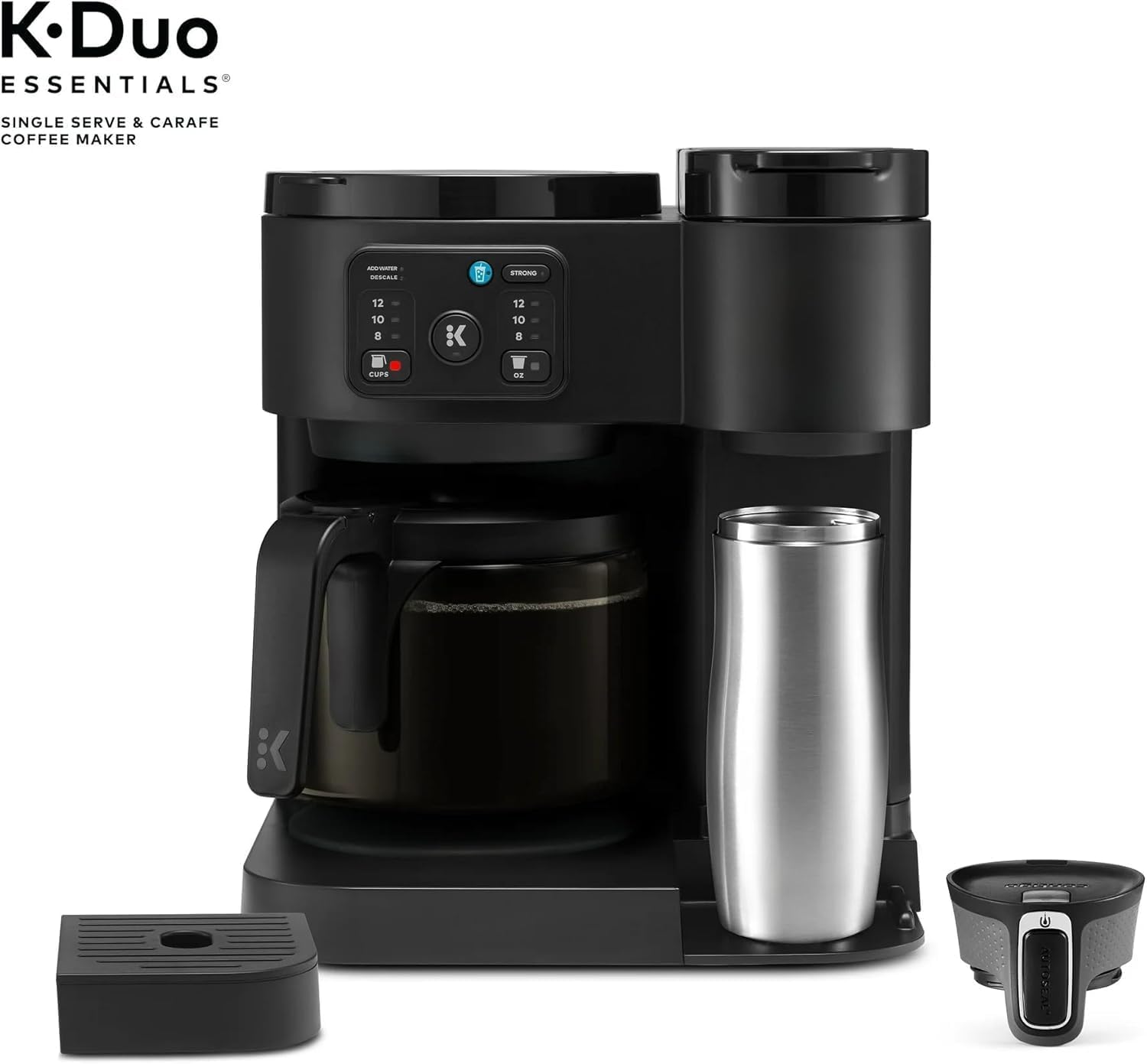 K-Duo Essentials Hot & Iced Single-Serve Coffee Maker with 12-Cup Glass Carafe, Brews KCup Pods & Coffee Grounds, Multiple Brew Sizes, 72 oz Reservoir, Pause & Pour Feature (Blacks)