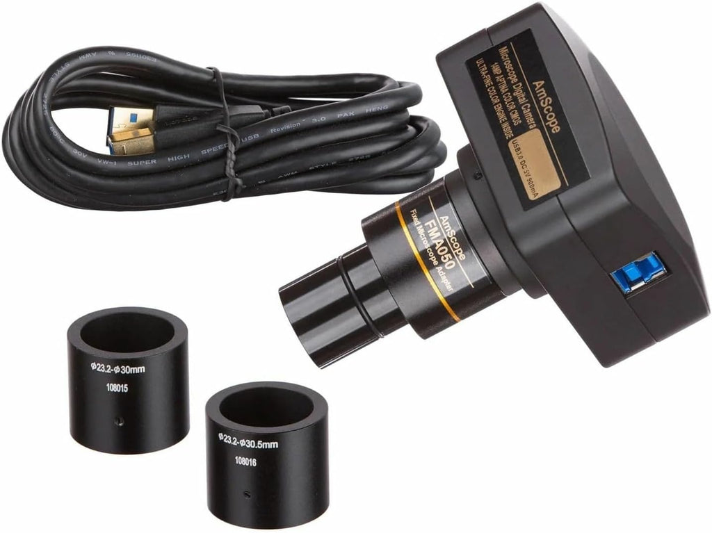 AmScope SM-4T Series Trincocular Simul-Focal Zoom Stereo Microscope 3.5X-90X Magnification with 144 LED Ring Light and 18MP USB 3.0 C-Mount Camera on Double Arm Boom Stand