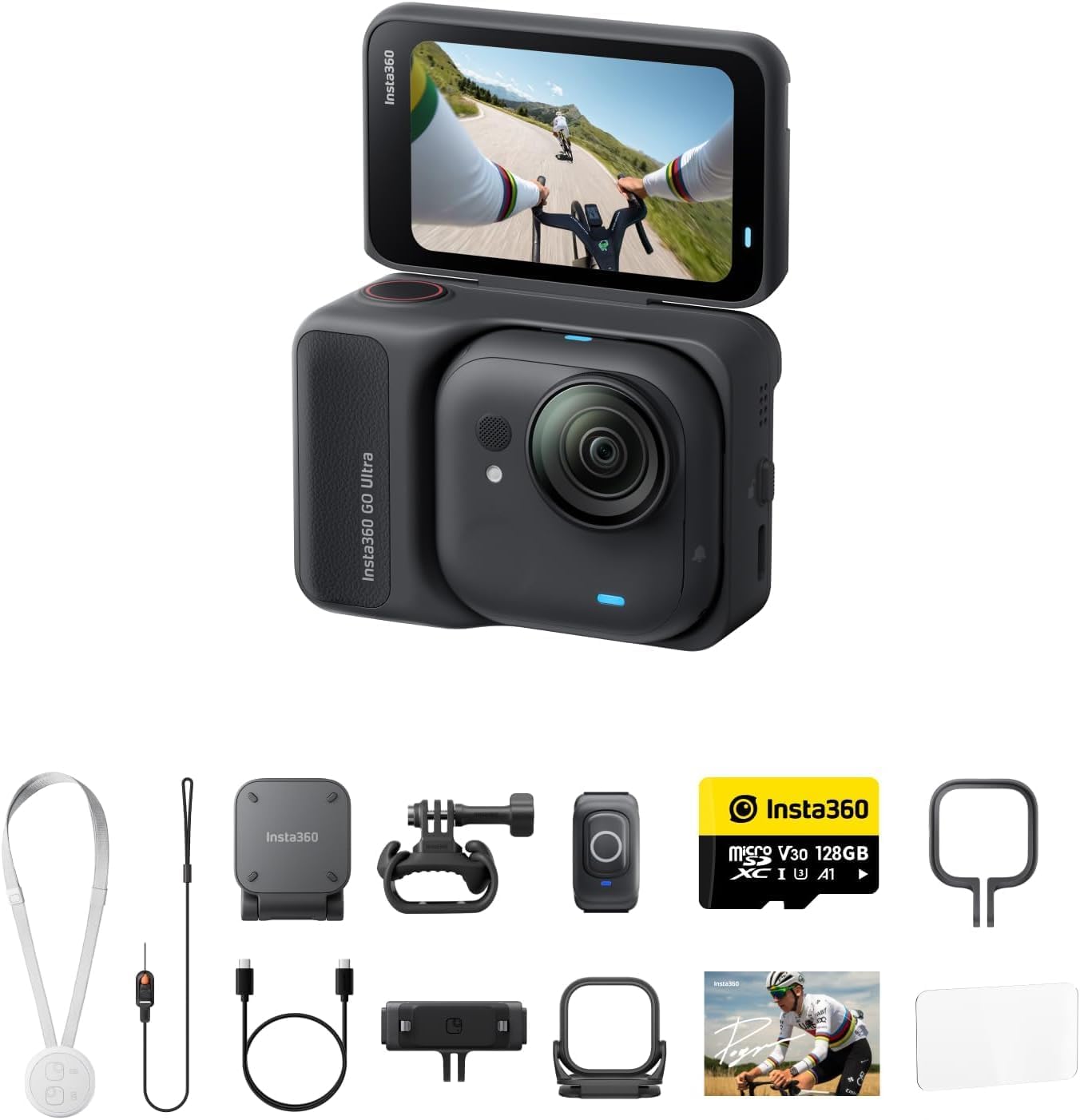 Insta360 GO Ultra Premium Cycling Bundle- Tiny Mighty Hands-Free 4K Cam, Lightweight, Low Light Excellence, Mount Anywhere| Bundle Includes Ring Remote, Flexi Strap Mount, Quick Release Mount