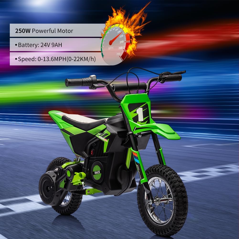 24V Electric Off-Road Motorcycle,250W Motor 13.6MPH Fast Speed Motocross,Leather Seat Dirt Bike,Twist Grip Throttle,Metal Suspension,Air-Filled Tires,for Kids Teens 8+ (Green)