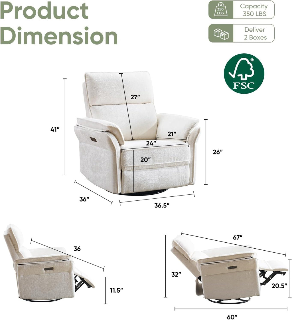 Power Swivel Rocker Recliner, Glider Recliner Nursery Chair with Massage and Heat, Nursery Rocking Chairs with Adjustable Headrest for Living Room，USB Ports,Side Pockets,Chenille White