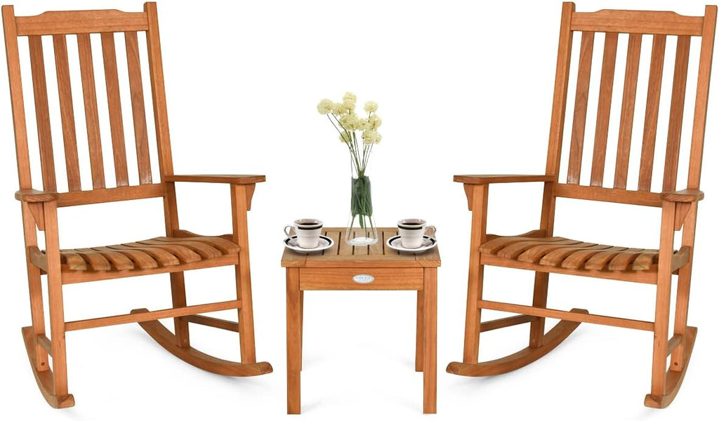 Tangkula 3 Piece Patio Rocking Bistro Set, Patiojoy Eucalyptus Wood Conversation Set with 2 Rockers and 1 Coffee Table, Outdoor Rocking Chair Set with Coffee Table for Porch, Patio and Backyard