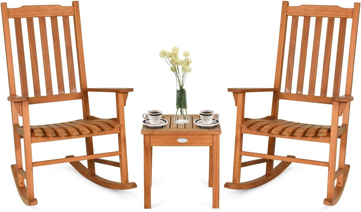 Tangkula 3 Piece Patio Rocking Bistro Set, Patiojoy Eucalyptus Wood Conversation Set with 2 Rockers and 1 Coffee Table, Outdoor Rocking Chair Set with Coffee Table for Porch, Patio and Backyard